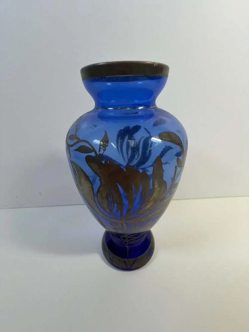 Vintage Cobalt Blue Glass Vase with Silver Overlay Floral Design 6.5”